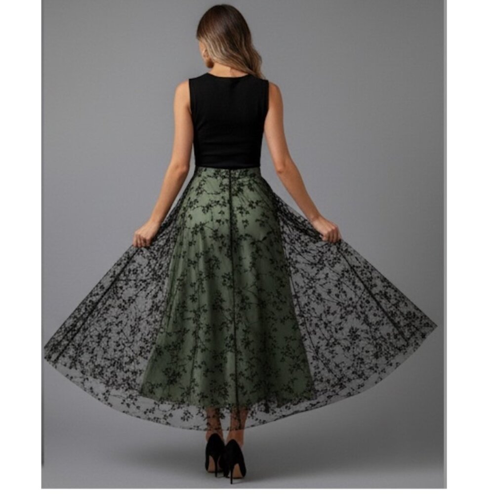 Floral Flocking Tulle Long A-Line Skirt Green - Picture 2 of 11